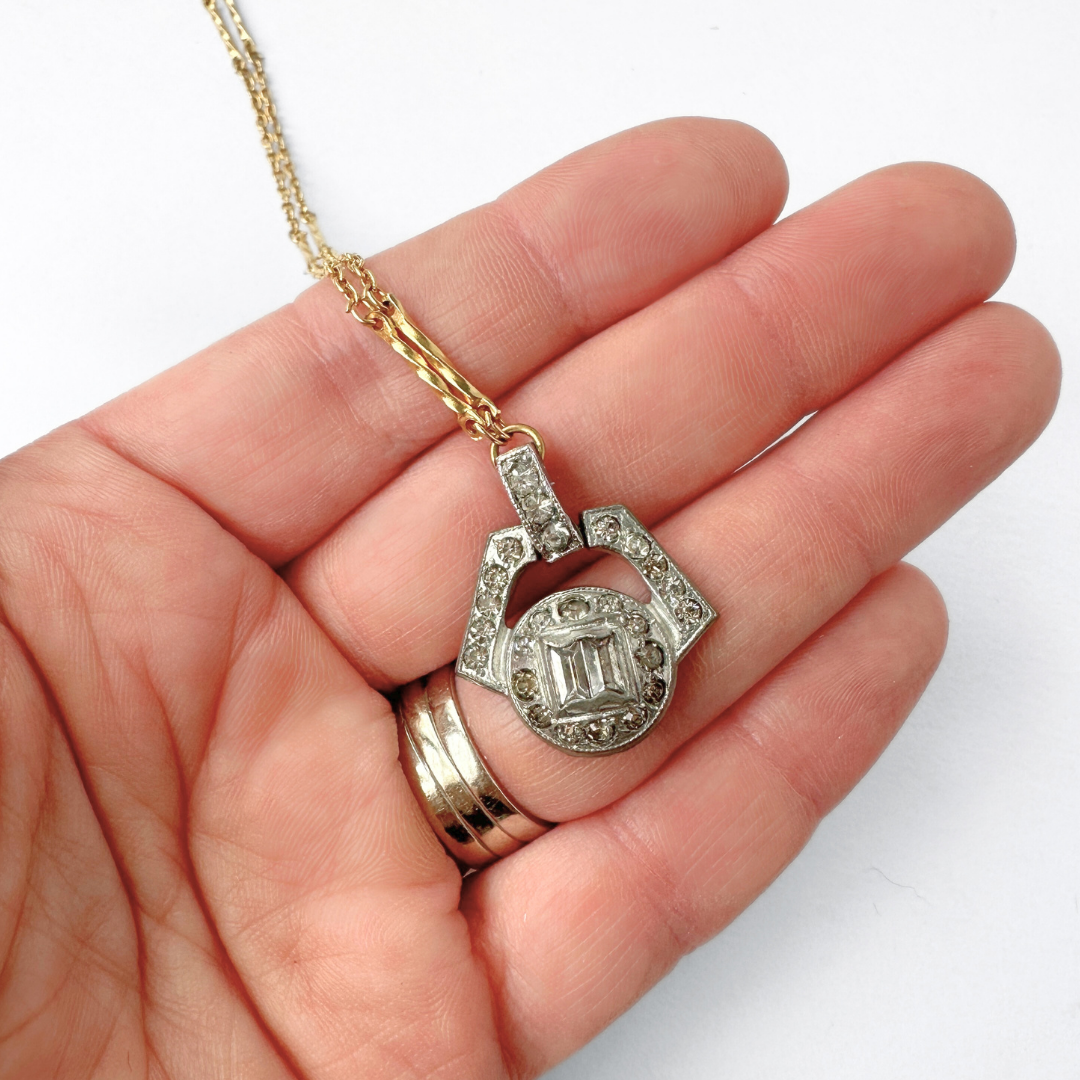 Small refashioned vintage rhinestone art deco pendant on thin gold chain