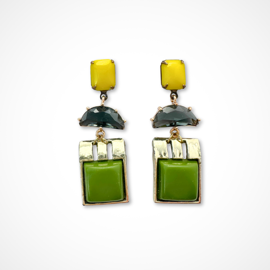 Repurposed vintage yellow, black and olive green geometric statement earrings