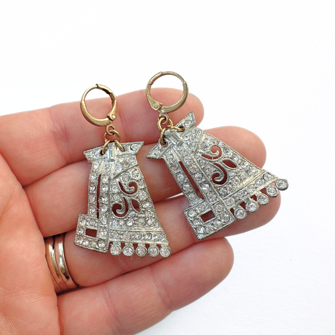 Vintage large Art Deco silver and rhinestone statement earrings
