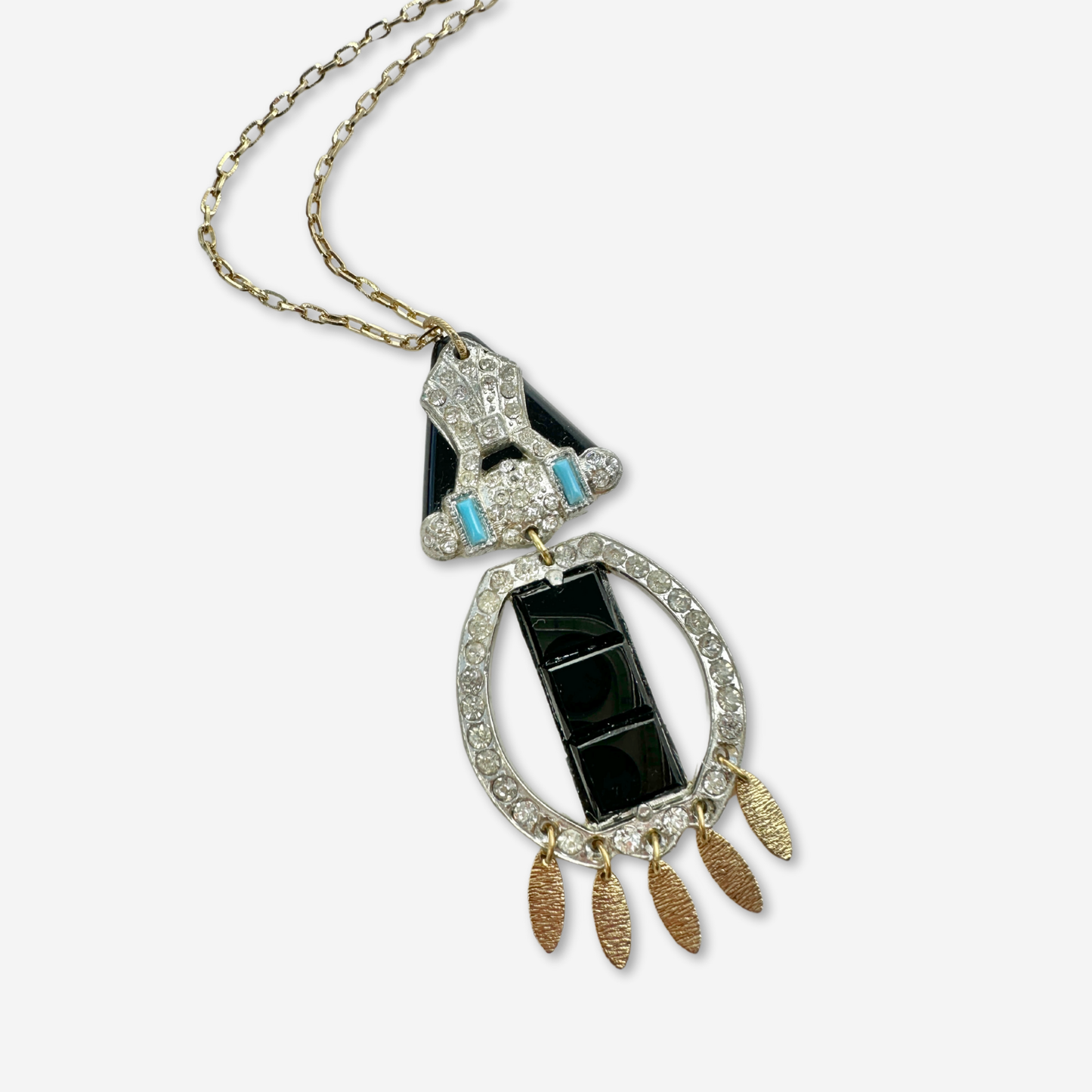 Repurposed Vintage black, turquoise and rhinestone assemblage pendant necklace
