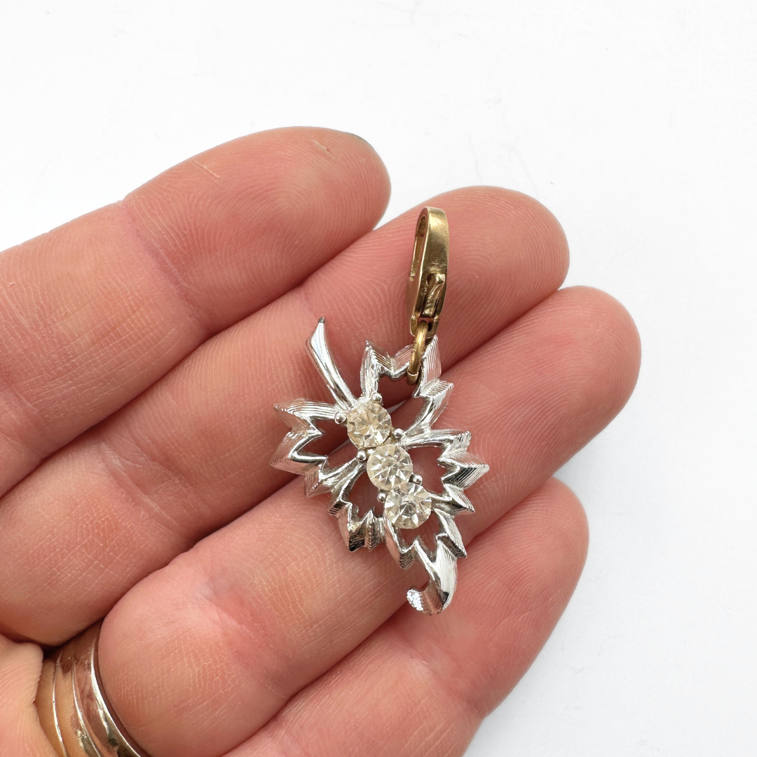 Vintage silver and clear rhinestone leaf charm pendant
