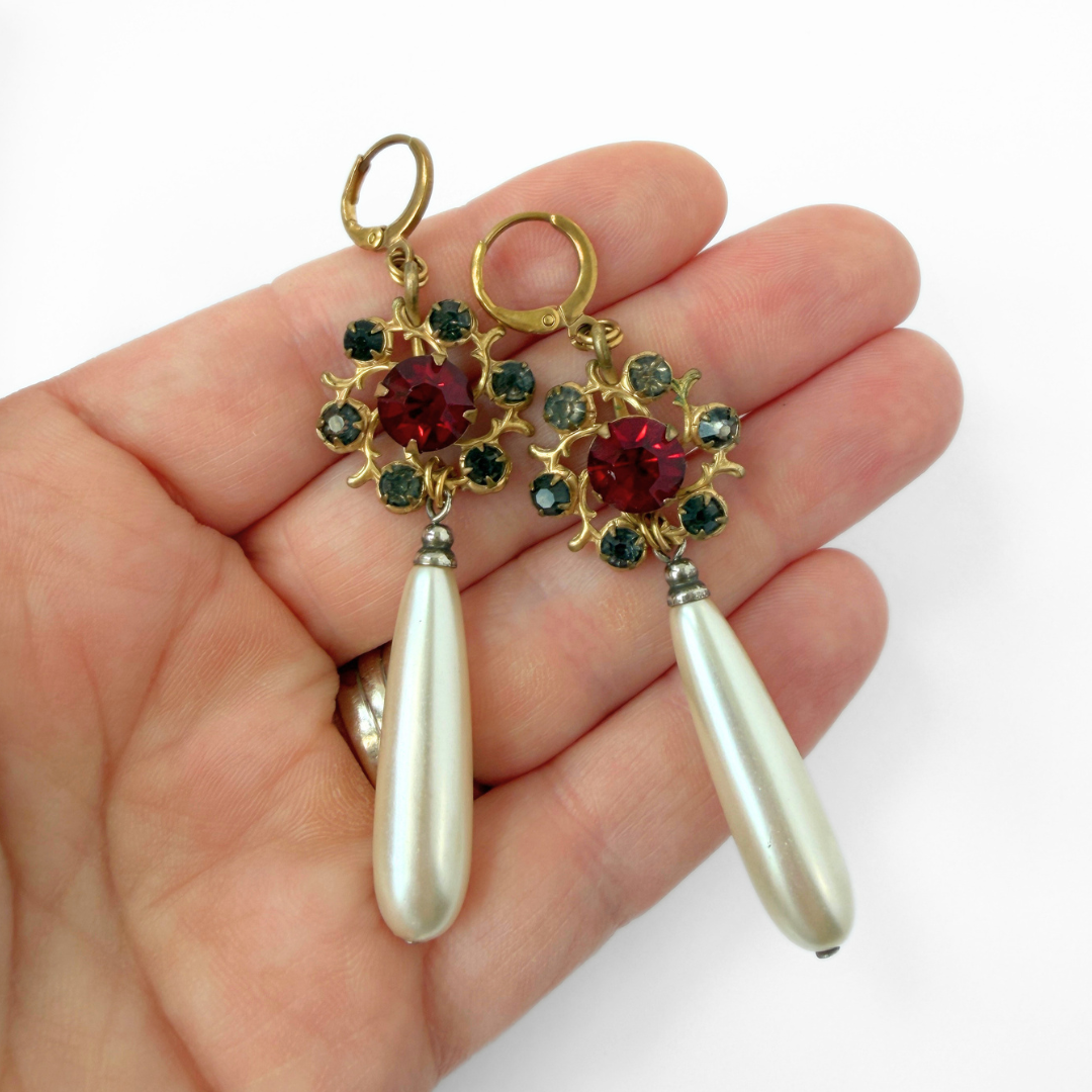 Refashioned vintage red rhinestone and pearl teardrop earrings