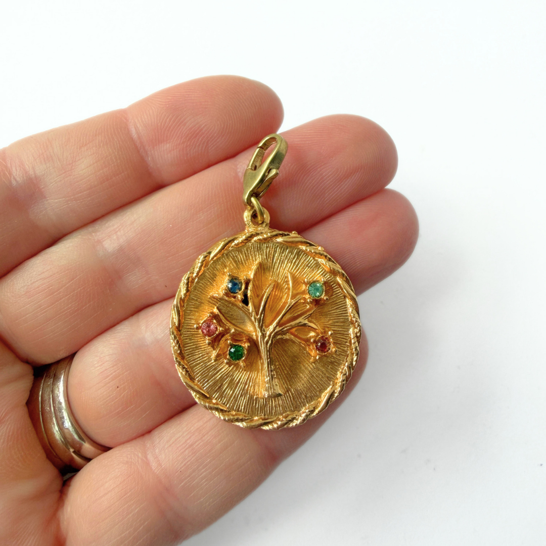 Vintage large gold and rhinestone Tree of Life circular pendant