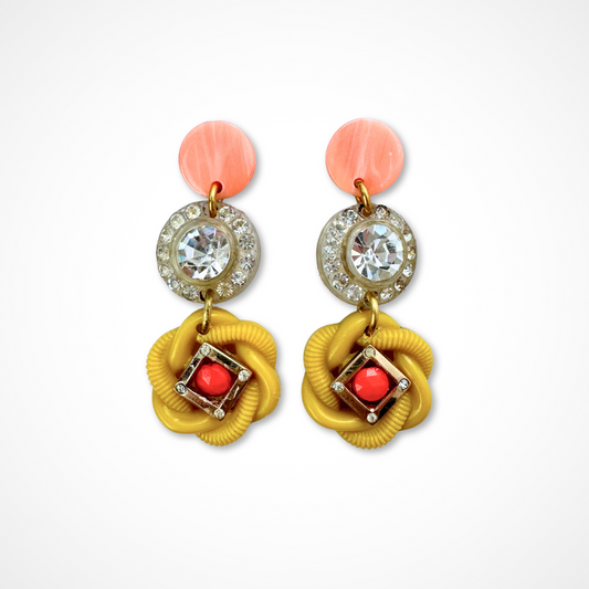 Yellow, pink, and red vintage refashioned rhinestone assemblage earrings