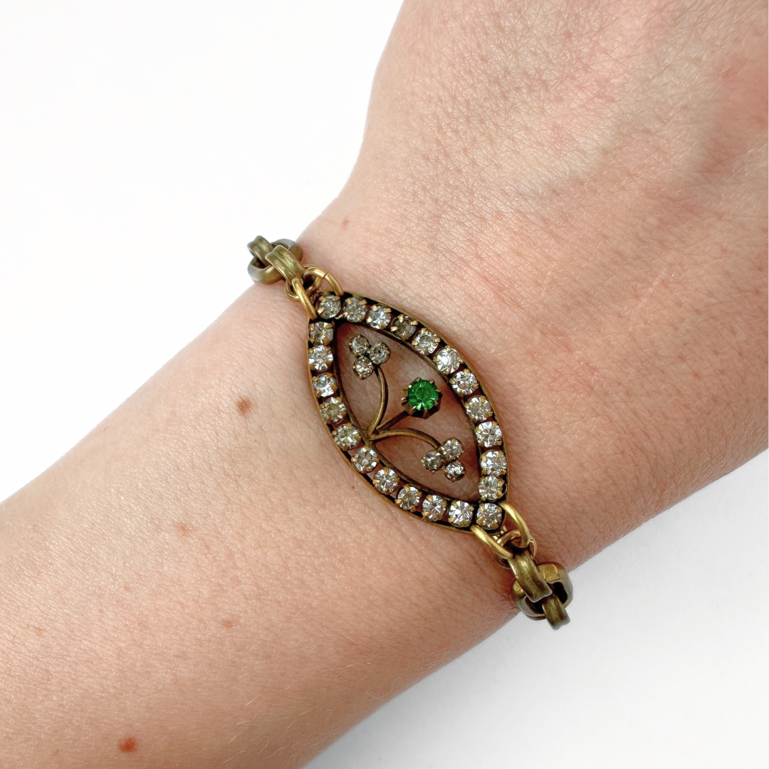 Repurposed vintage clear and green delicate Czech rhinestone link bracelet