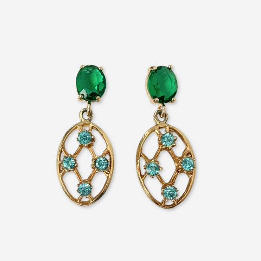 Refashioned vintage aqua blue and gold oval drop earrings with green post