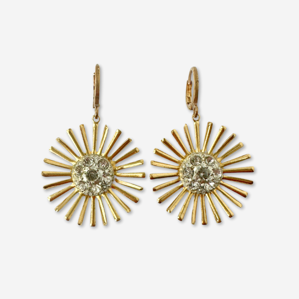Brass sunburst earrings with clear vintage rhinestone centers
