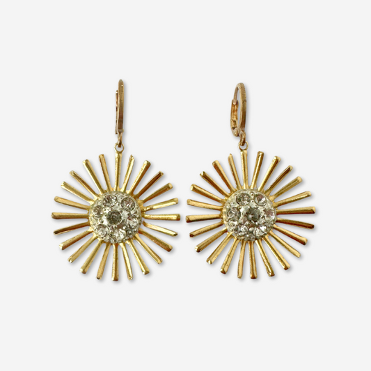 Brass sunburst earrings with clear vintage rhinestone centers
