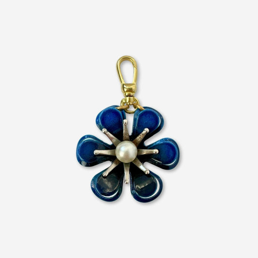 Vintage dark blue enamel flower charm with pearl center