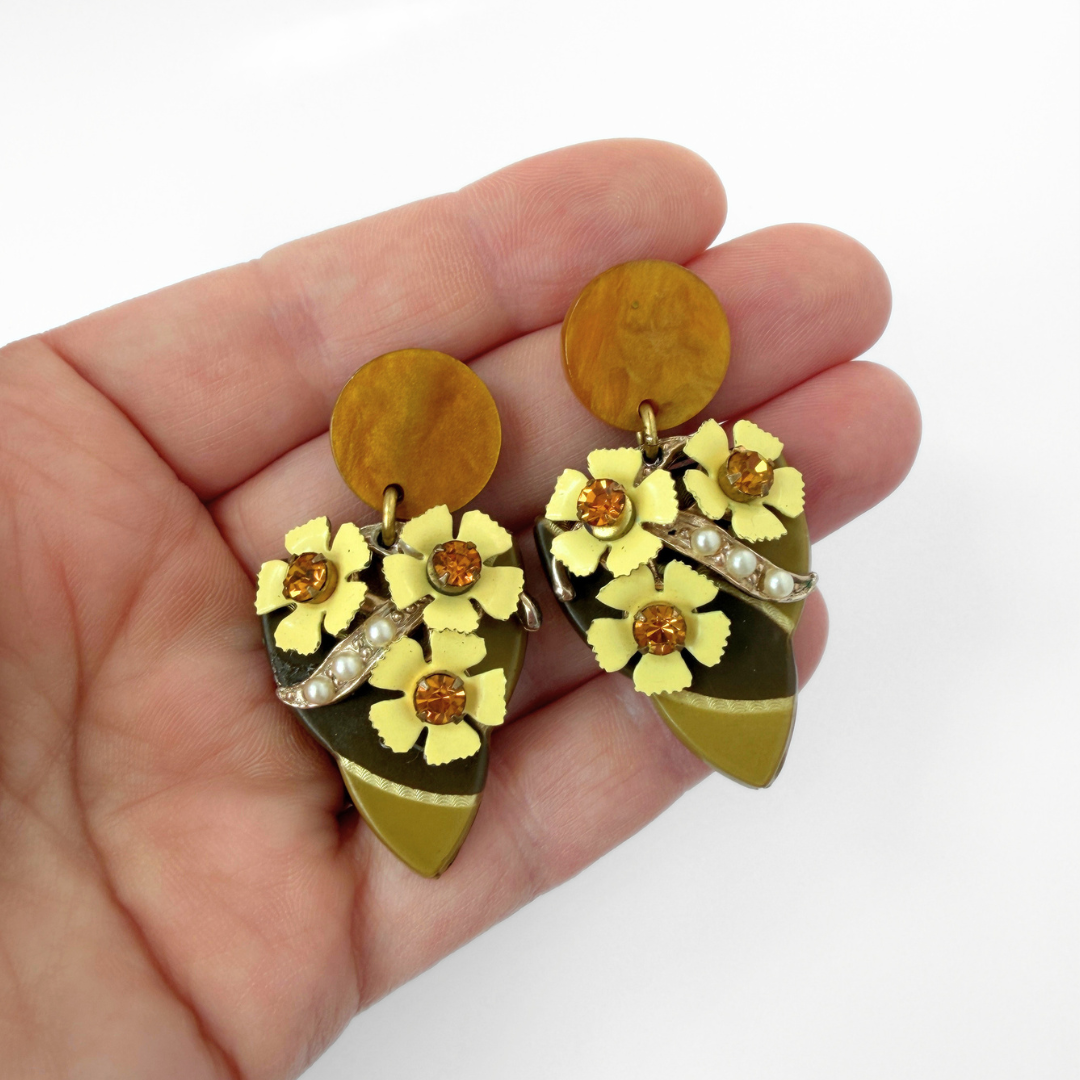 Refashioned Vintage brown and yellow floral assemblage earrings
