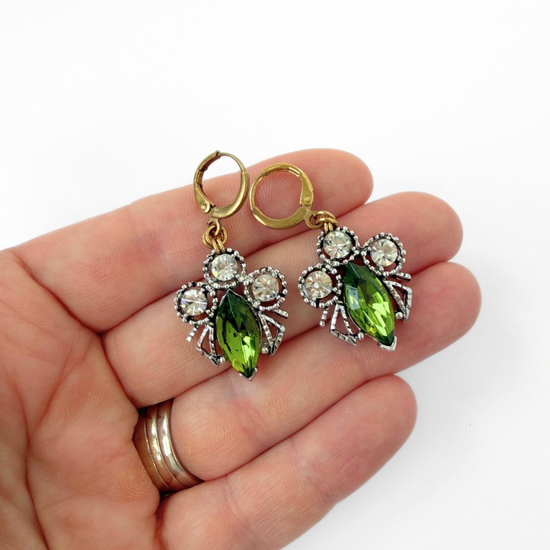 Refashioned vintage olive green rhinestone earrings