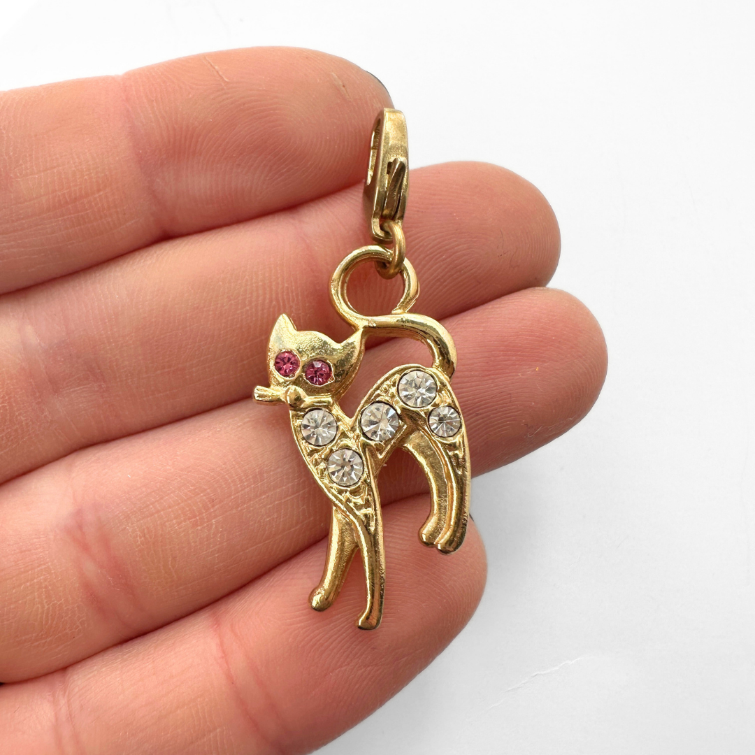 Vintage gold plated and rhinestone cat charm