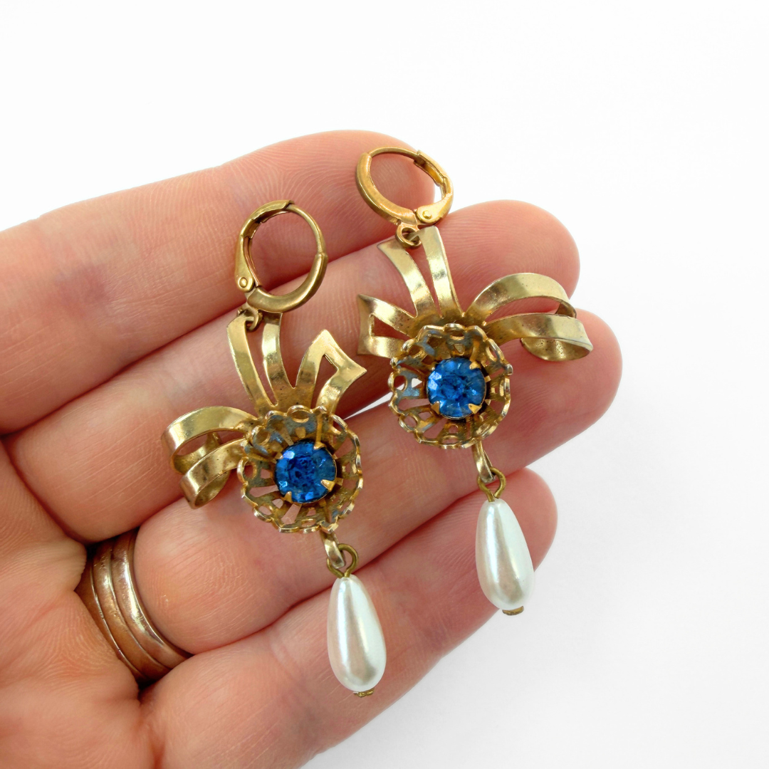 Refashioned vintage blue rhinestone and pearl bow earrings