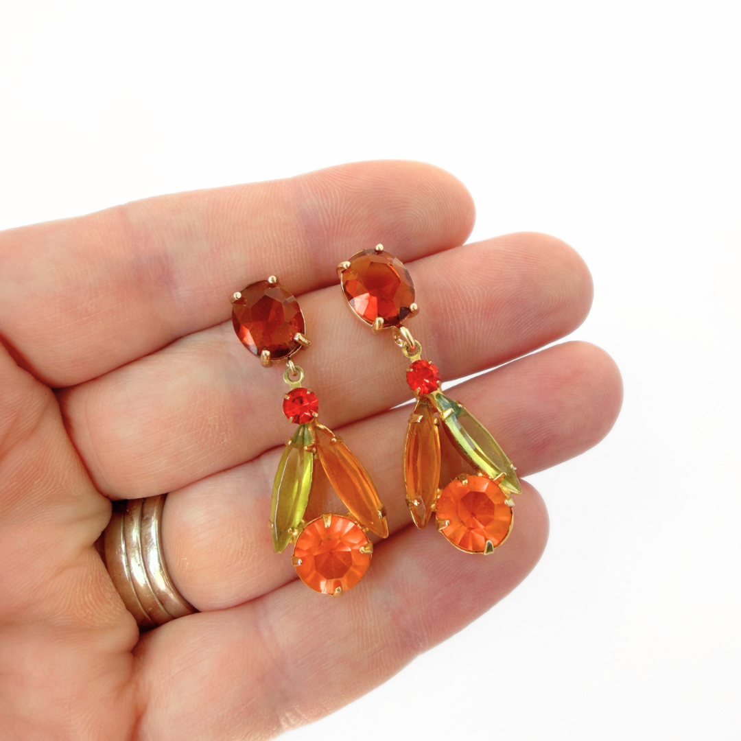 Refashioned vintage orange topaz rhinestone earrings