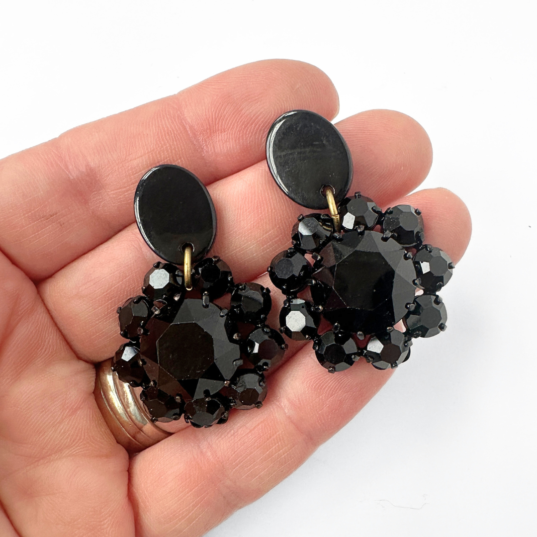 Refashioned black opaque rhinestone earrings with oval posts