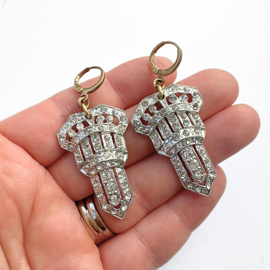 Vintage large Art Deco silver and rhinestone statement earrings