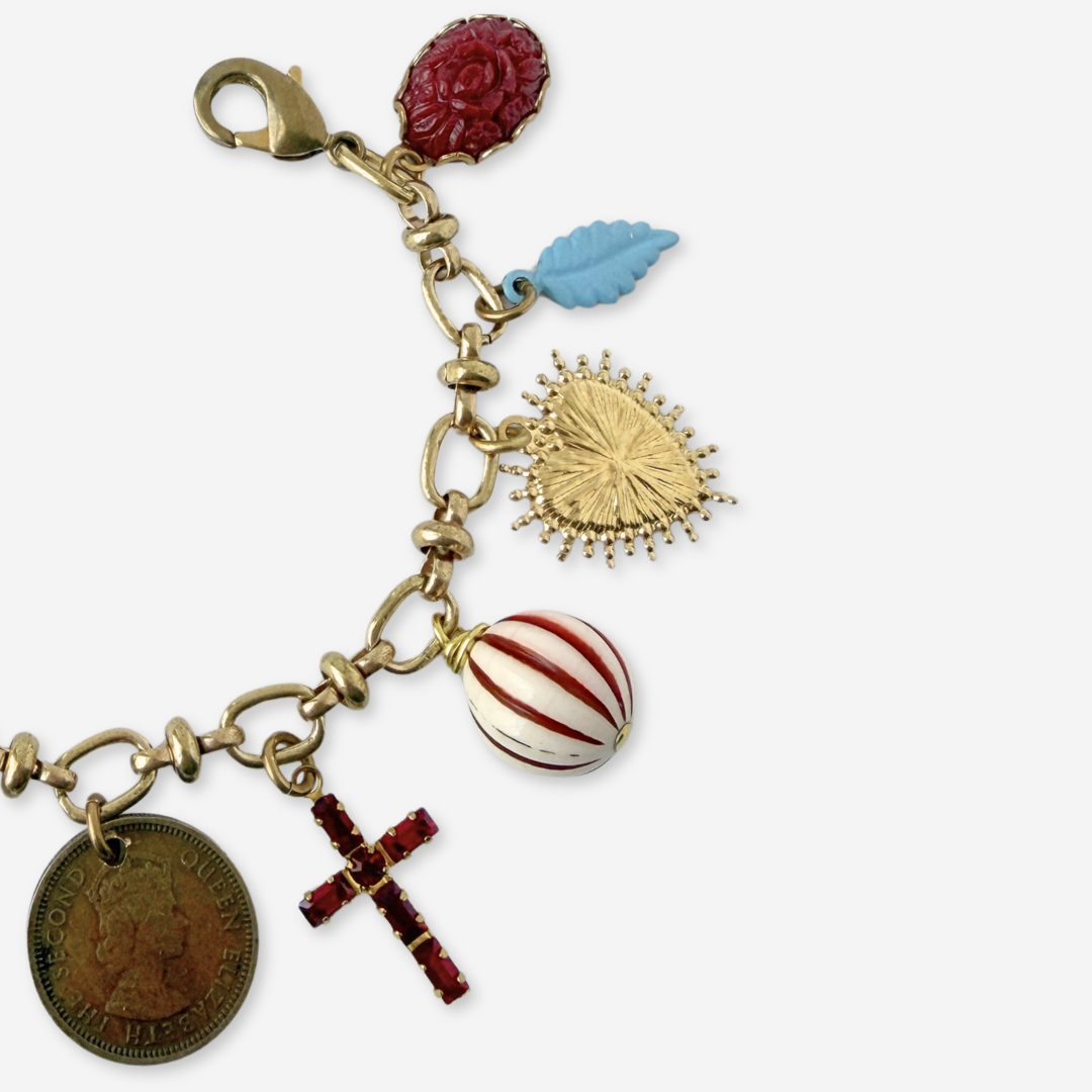 Blue and burgundy repurposed vintage charm bracelet
