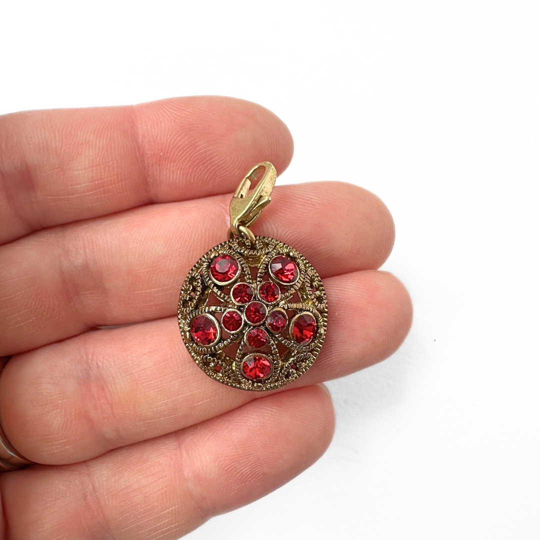 Vintage red rhinestone and antique gold filigree button charm