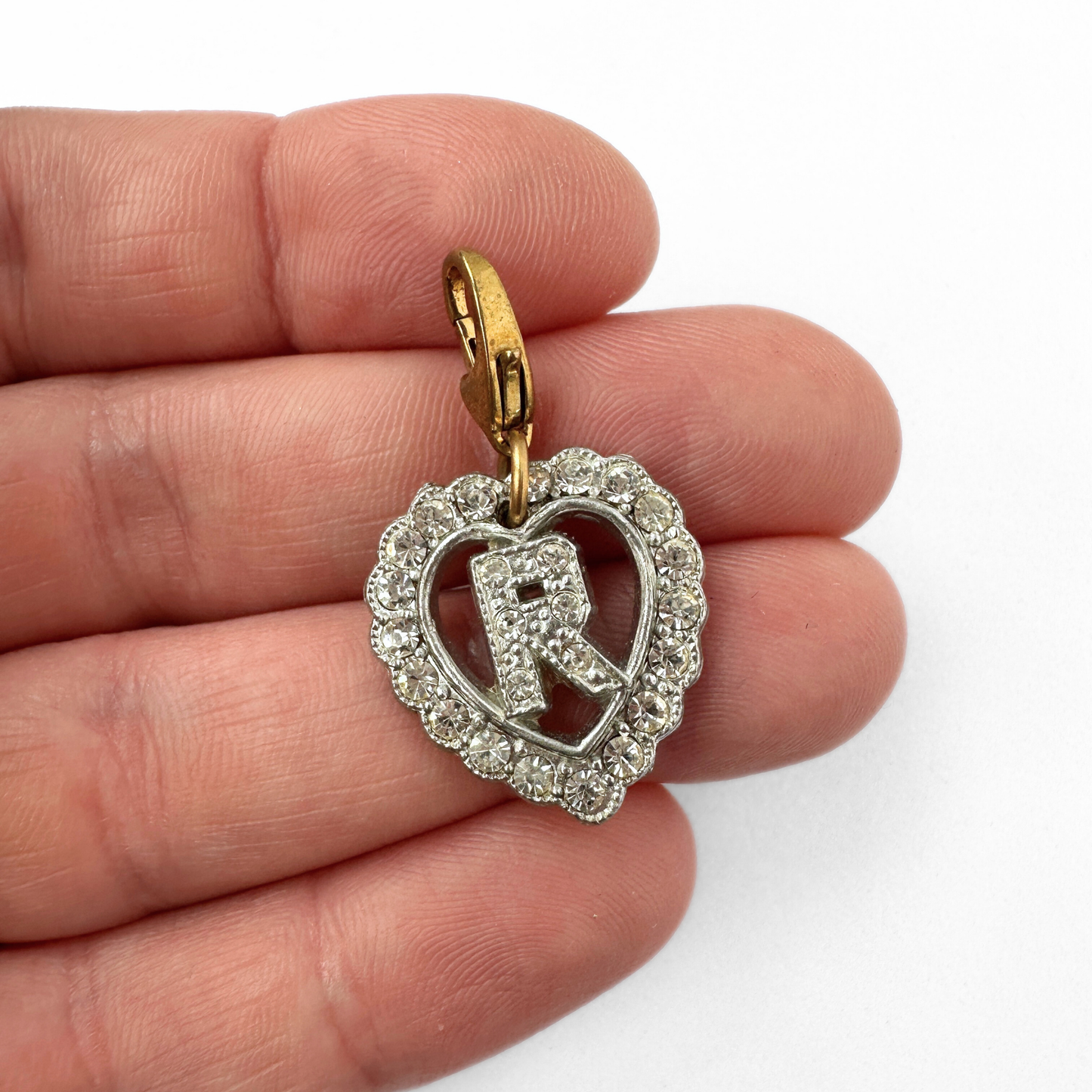 Vintage silver and clear rhinestone letter "R" heart charm