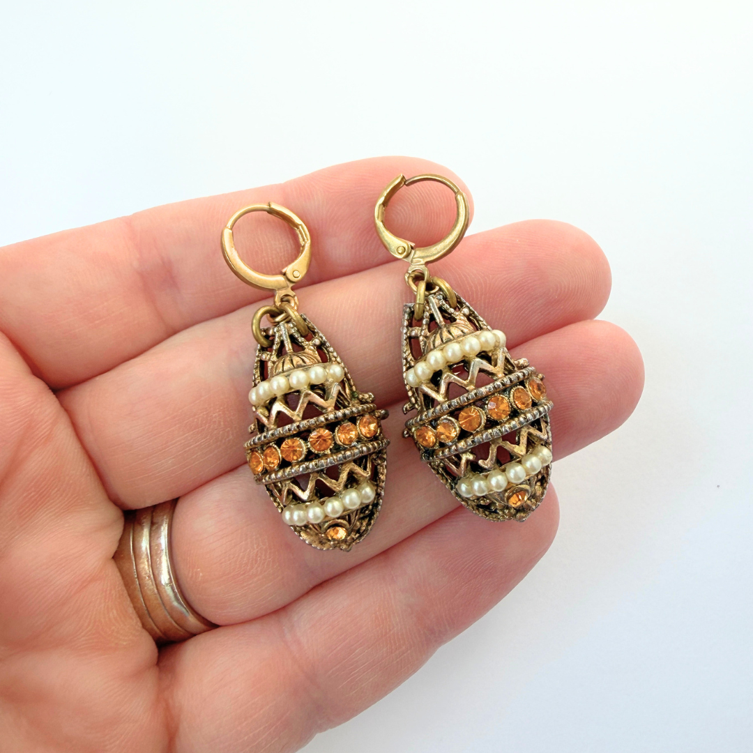 Refashioned vintage antique brass, topaz, and pearl drop earrings