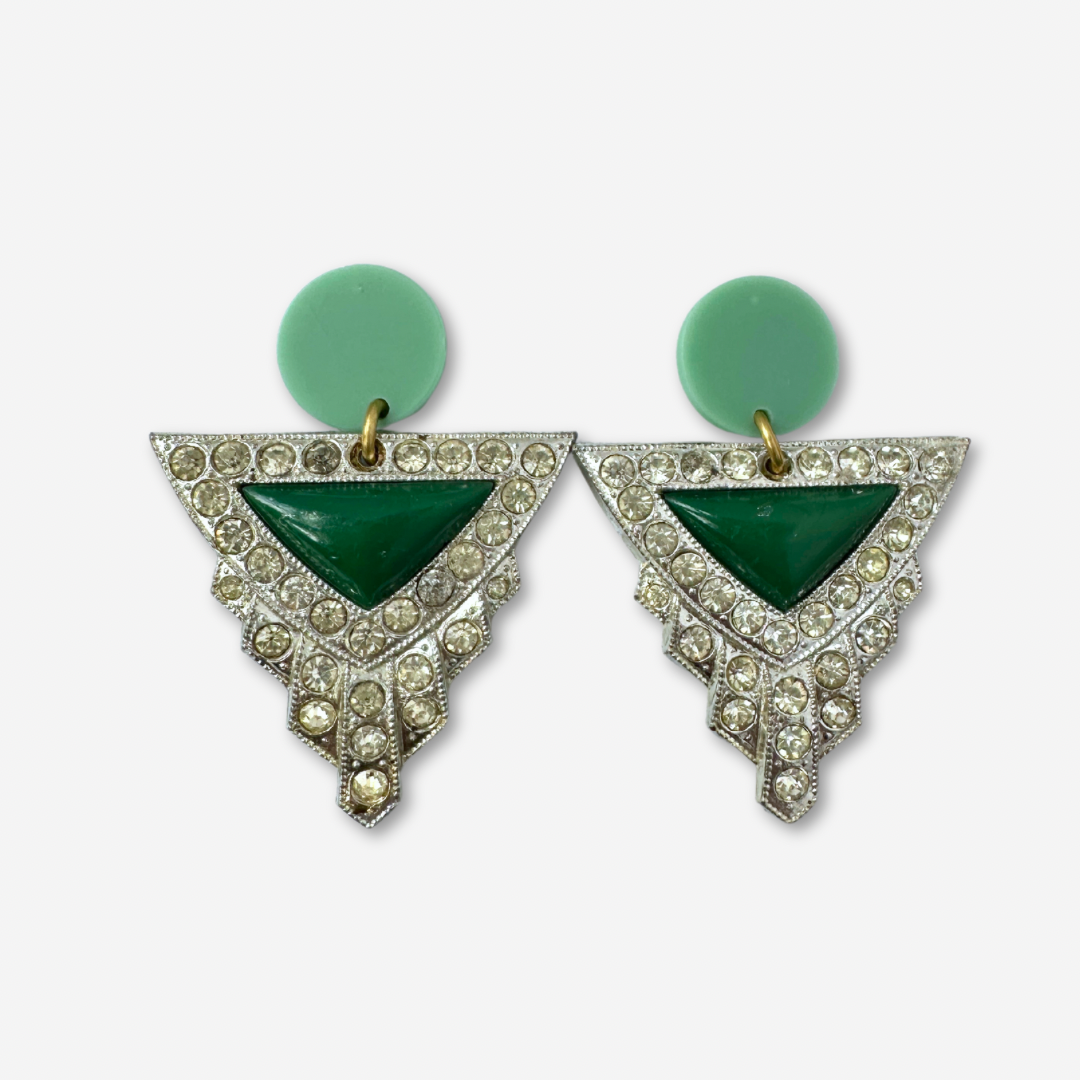 Large Green Refashioned Art Deco rhinestone statement earrings