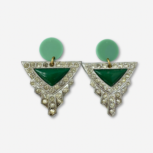 Large Green Refashioned Art Deco rhinestone statement earrings
