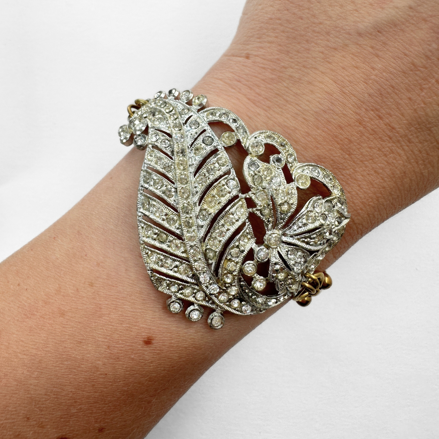 Refashioned vintage clear rhinestone leaf bracelet with brass chain