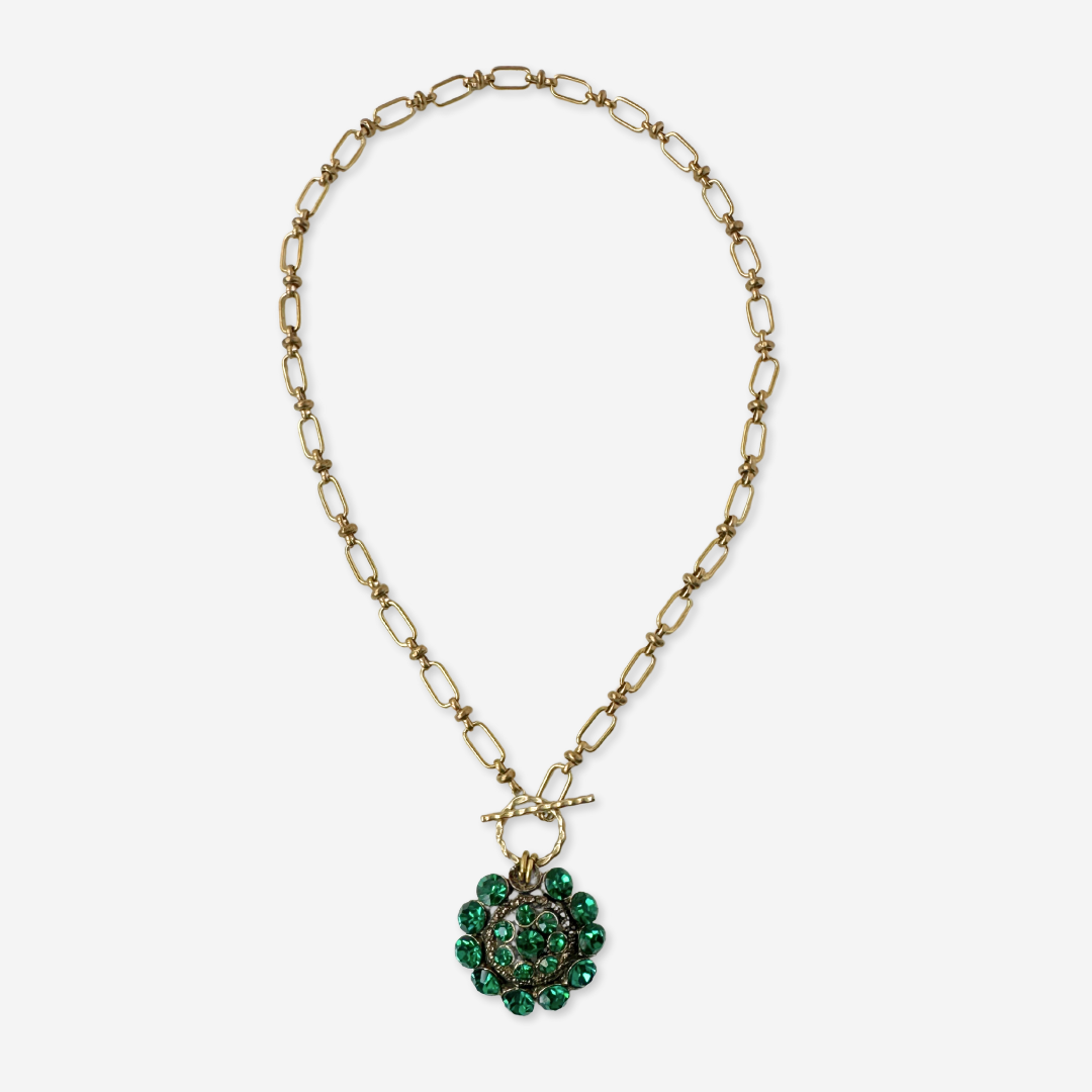 Vintage emerald green rhinestone pendant with brass chain and toggle clasp