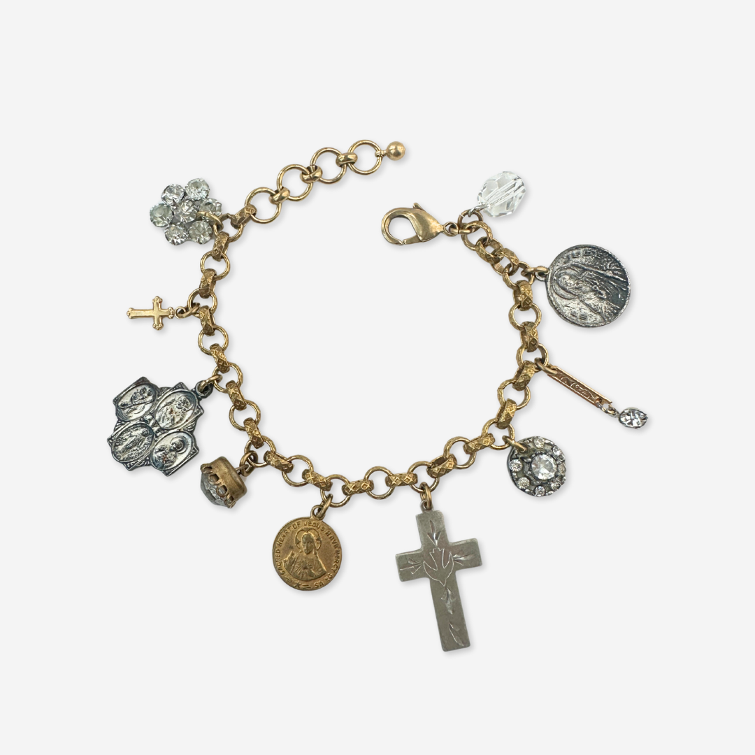 Repurposed vintage religious medal charm bracelet