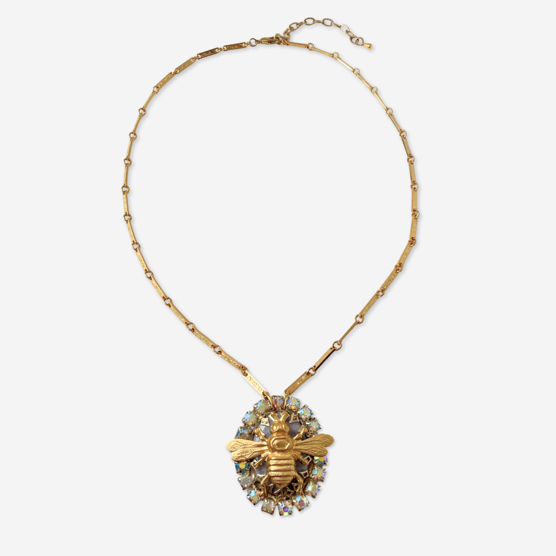 Refashioned vintage lavender and iridescent rhinestone oval bee pendant