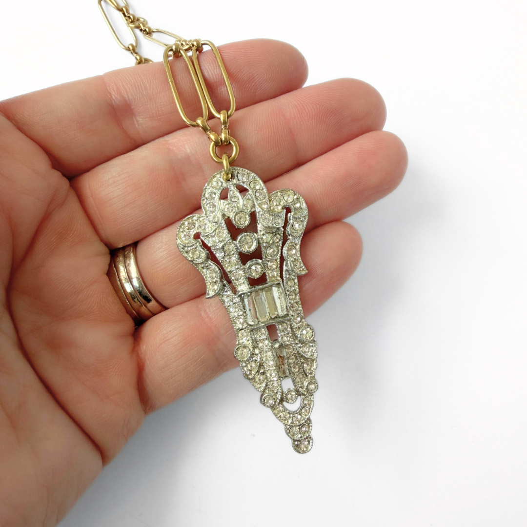 Vintage clear rhinestone elongated deco pendant with brass chain