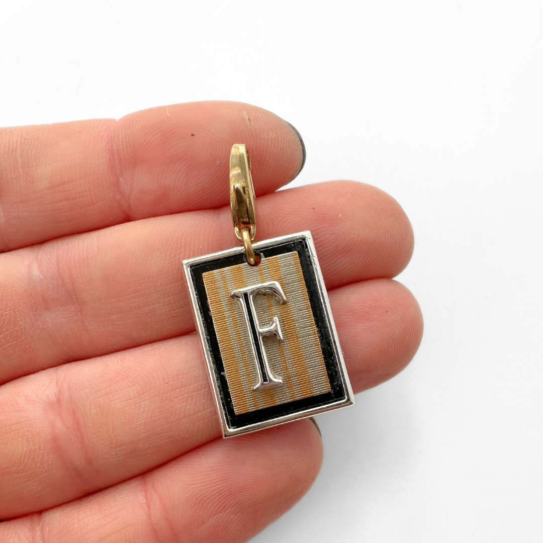 Vintage rectangular letter "F" striped cufflink charm