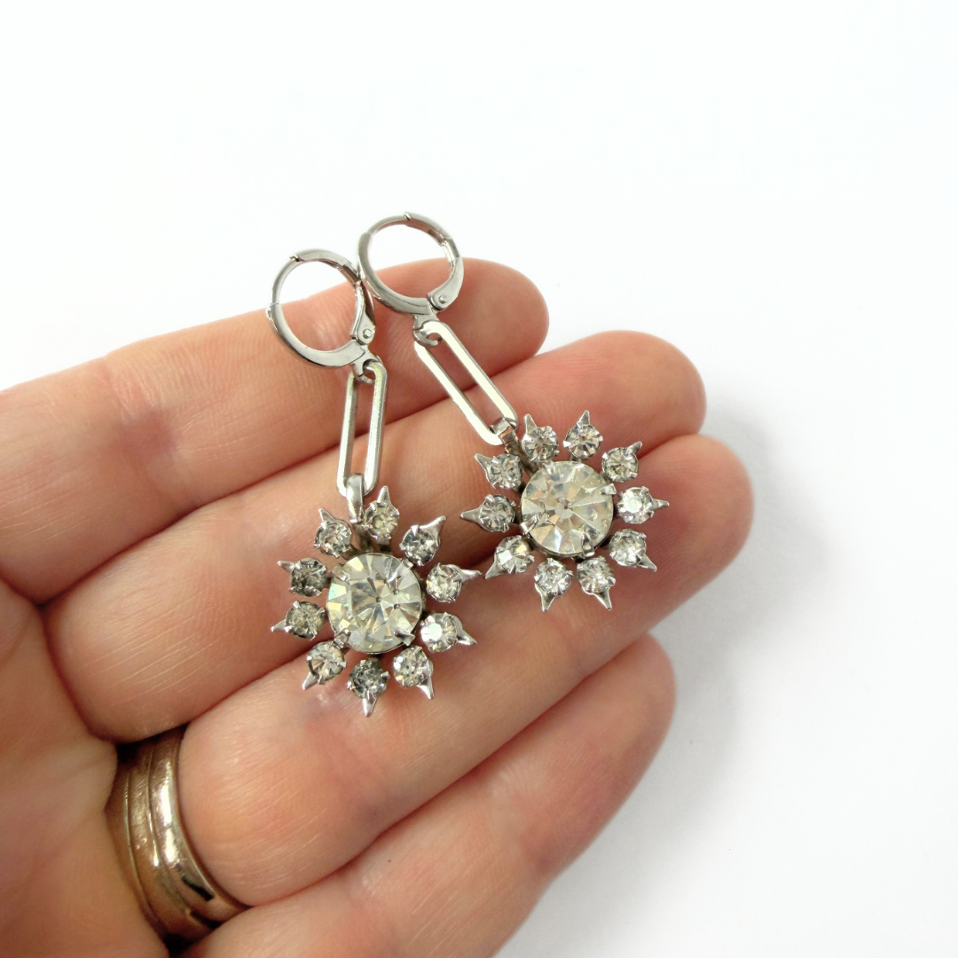 Refashioned vintage clear rhinestone starburst earrings with silver links