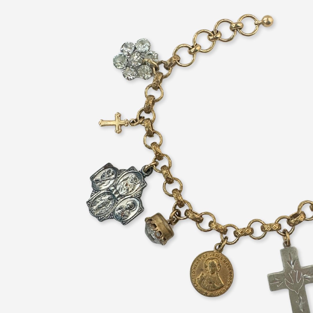 Repurposed vintage religious medal charm bracelet