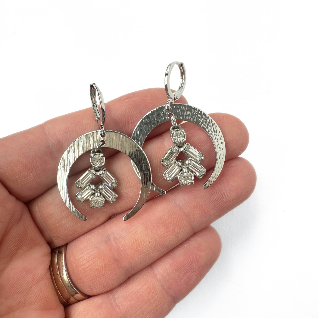 SIlver crescent hoop earrings with vintage clear rhinestone center drops