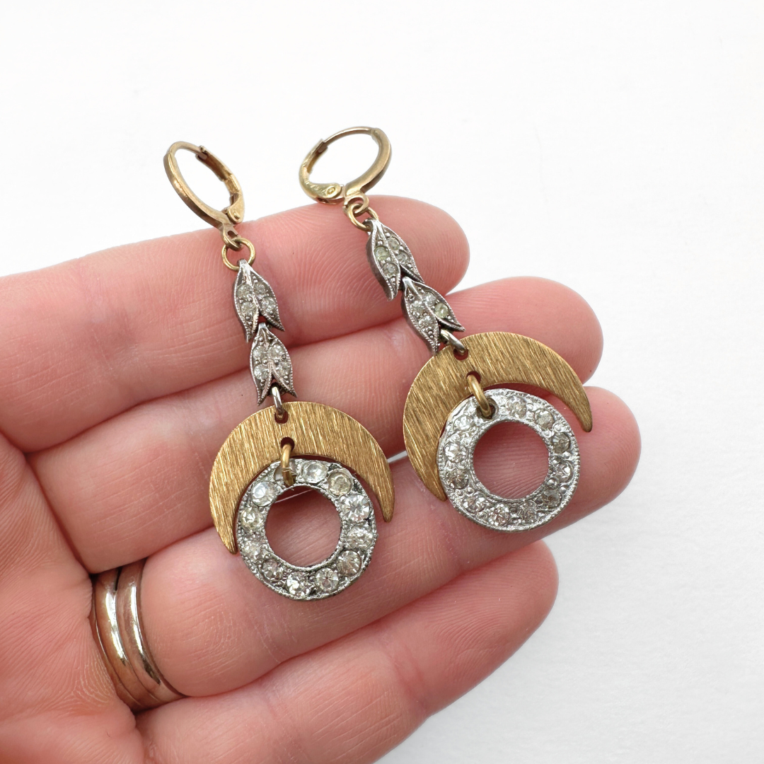 Refashioned vintage rhinestone and brass crescent statement earrings