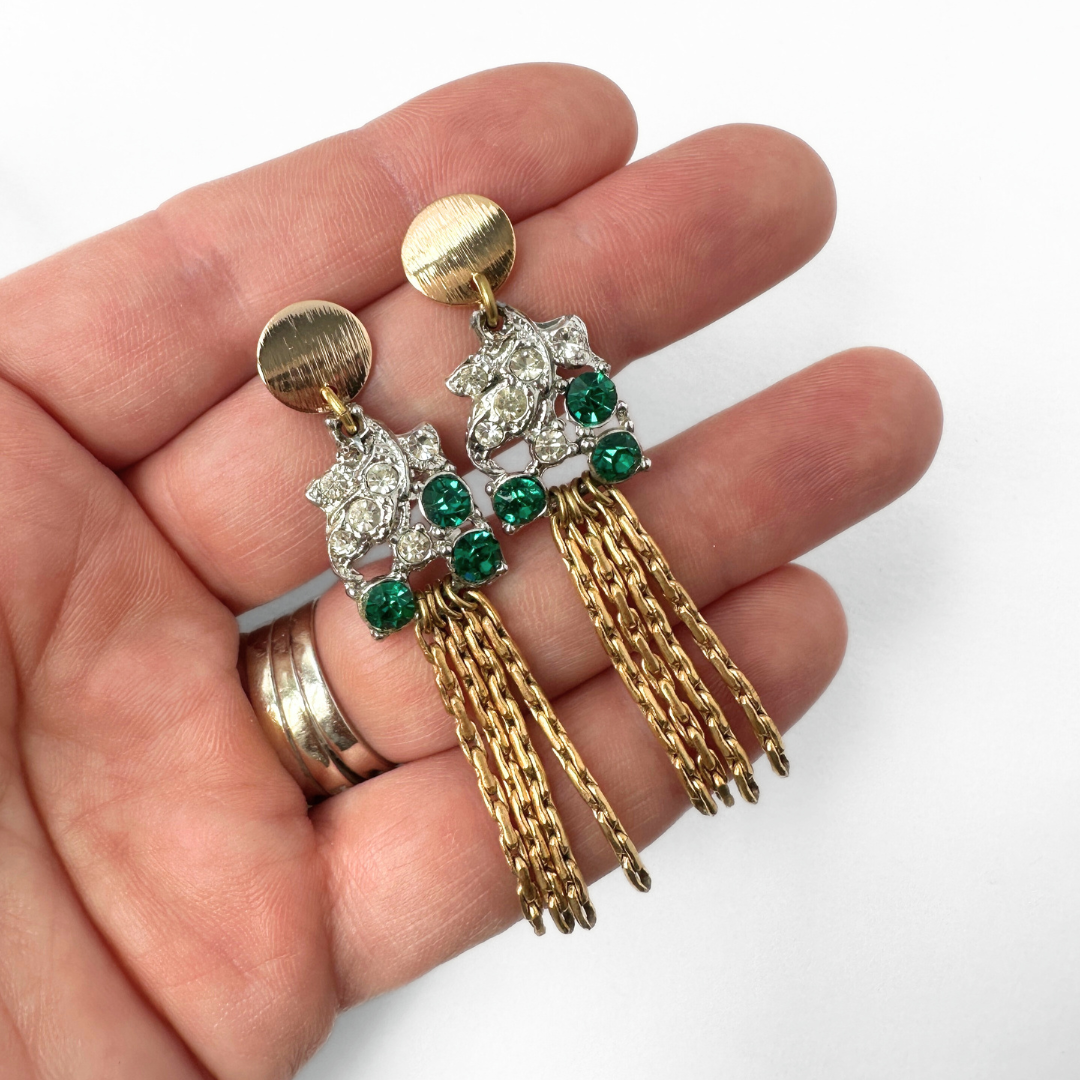 Green and clear refashioned vintage rhinestone gold tassel earrings