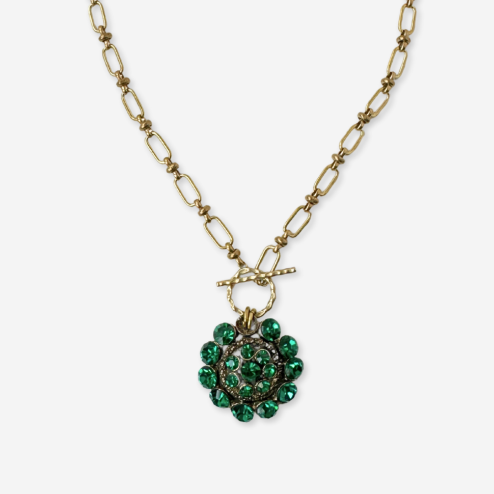 Vintage emerald green rhinestone pendant with brass chain and toggle clasp
