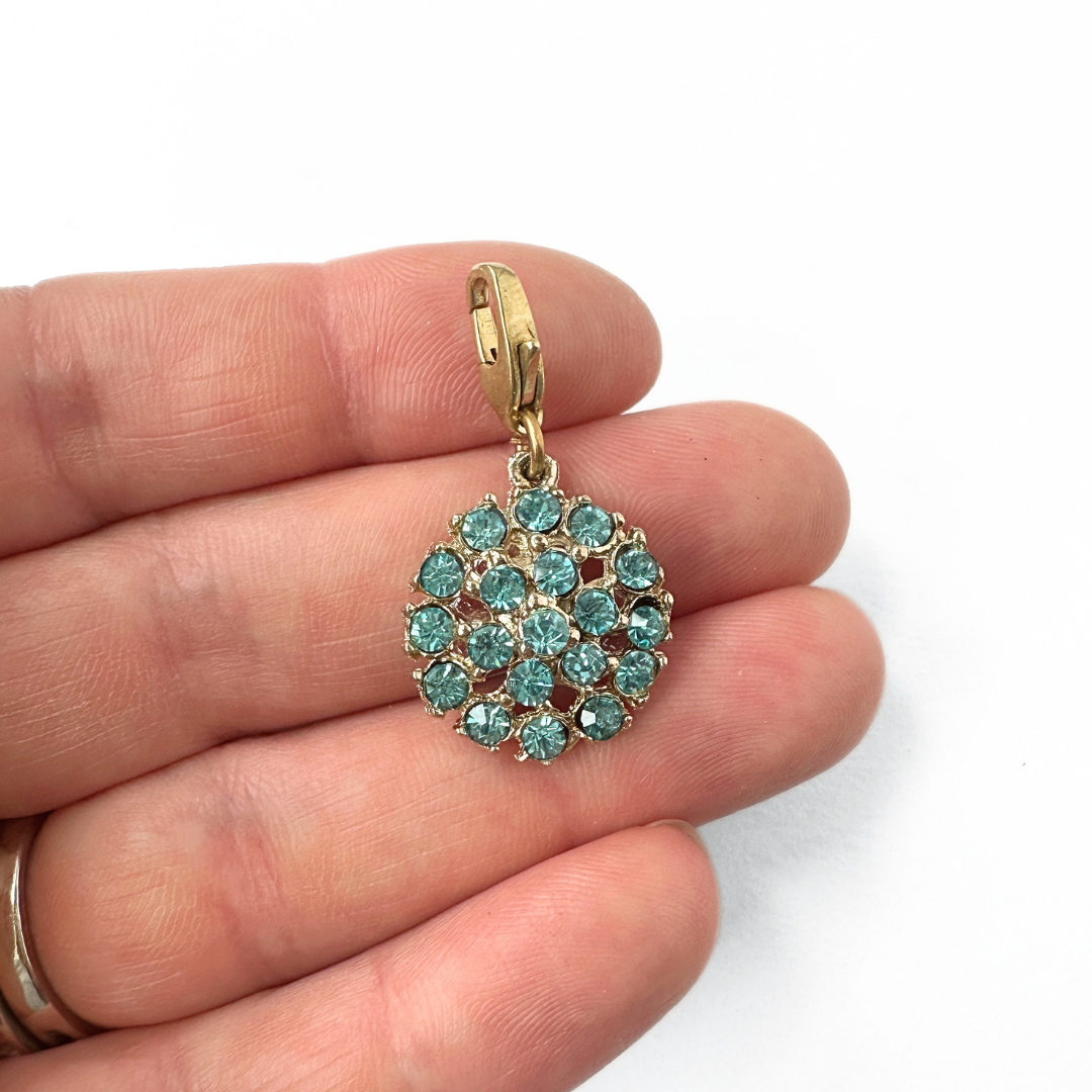 Vintage aqua blue rhinestone circular button charm