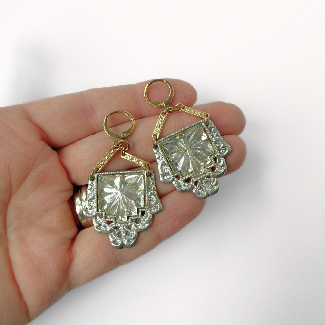 Refashioned vintage clear crystal art deco drop earrings