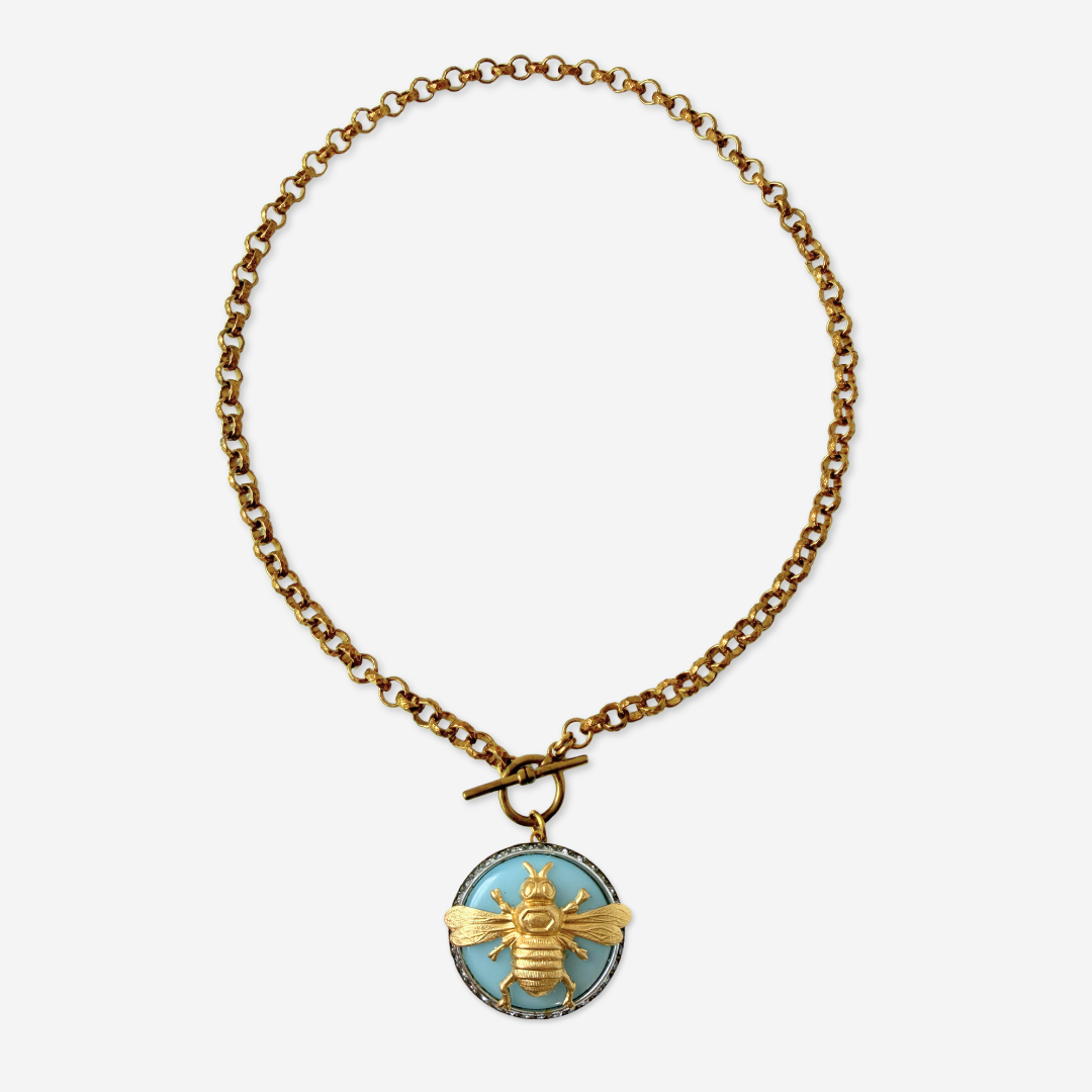 Refashioned vintage light blue and rhinestone brass bee pendant