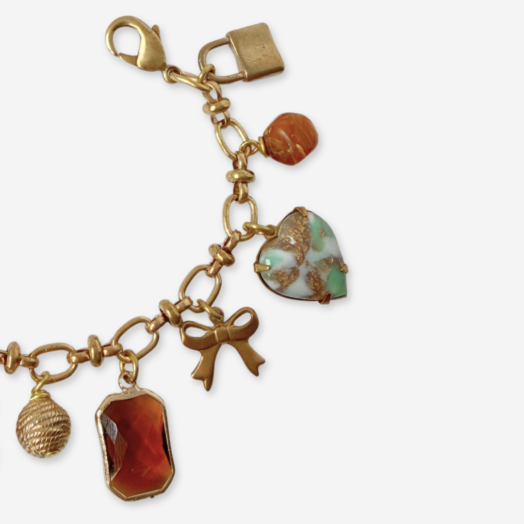 Repurposed vintage mixed turquoise and amber charm bracelet