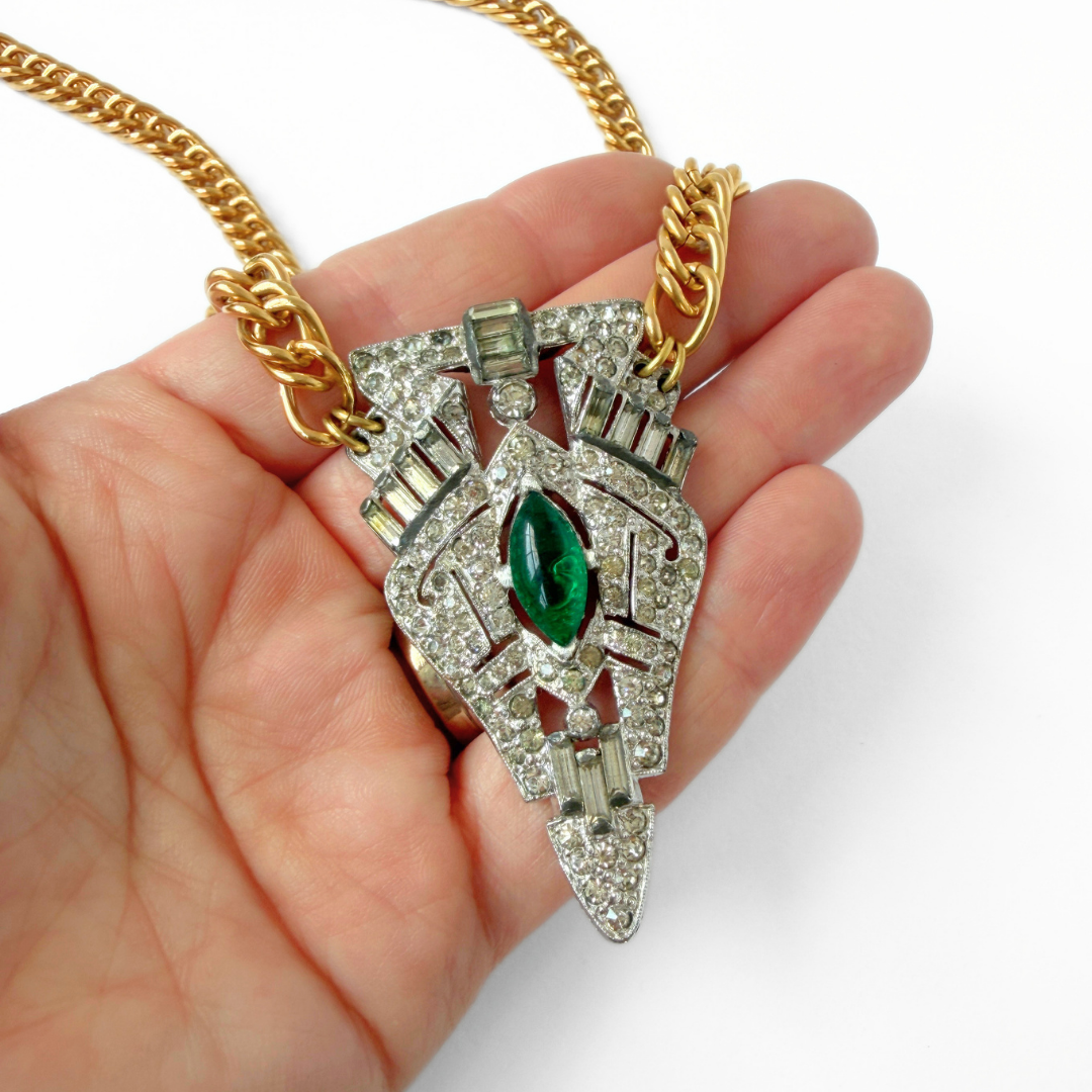 Large refashioned vintage clear and green rhinestone pendant necklace