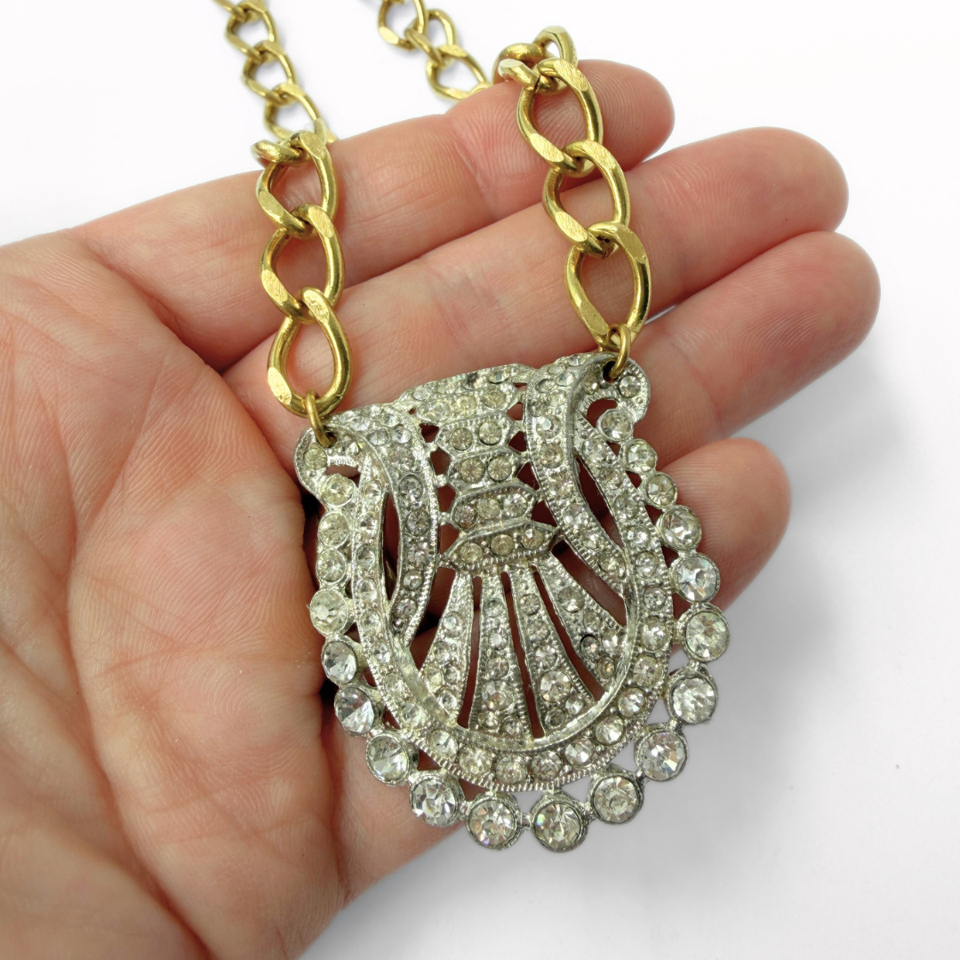 Refashioned vintage clear rhinestone deco necklace with brass curb chain