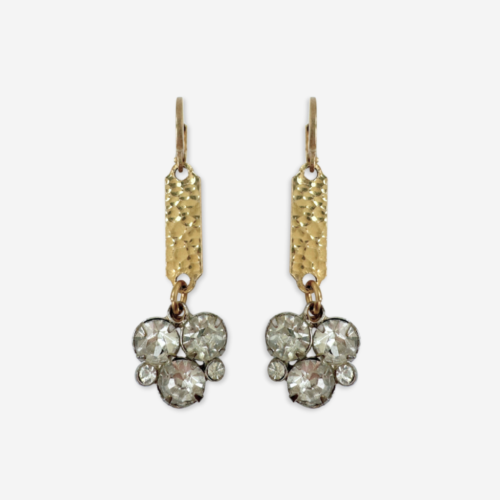 Hammered gold link earrings with vintage clear rhinestone drops