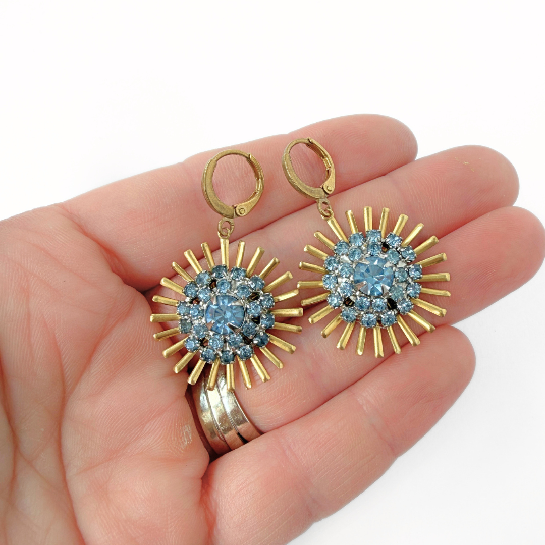 Brass sunburst earrings with ice blue vintage rhinestone centers
