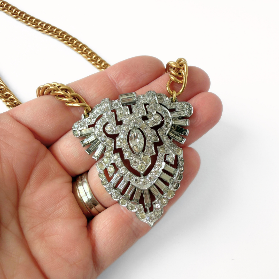 Large refashioned vintage deco rhinestone pendant necklace
