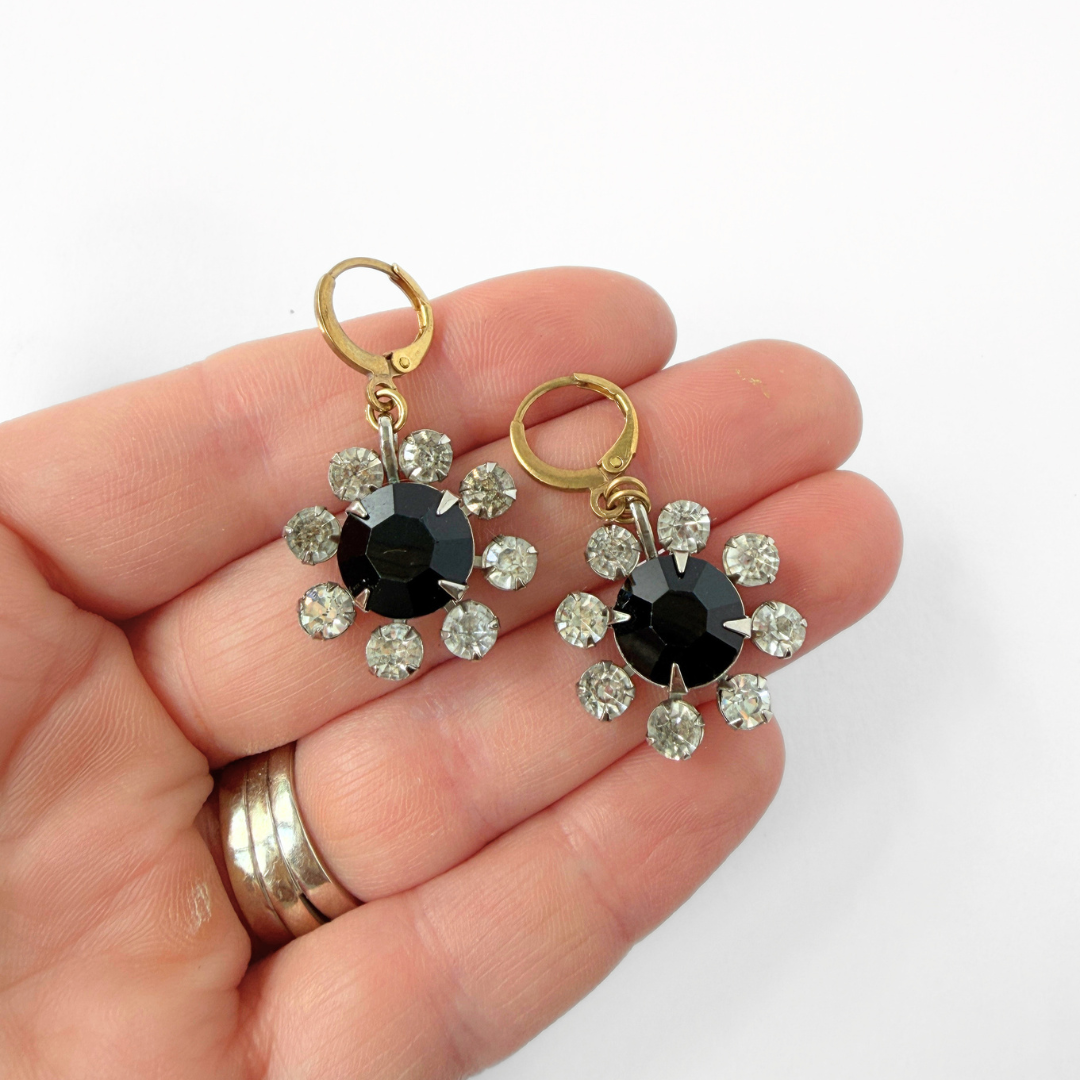 Refashioned vintage black and clear rhinestone sunburst drop earring