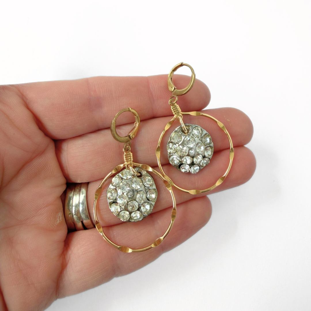 Gold plated hoop earrings with vintage clear rhinestone drops