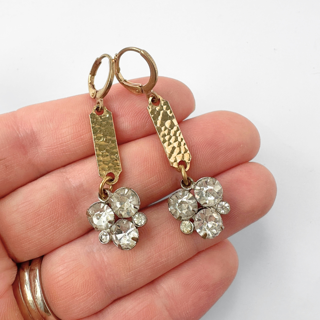 Hammered gold link earrings with vintage clear rhinestone drops